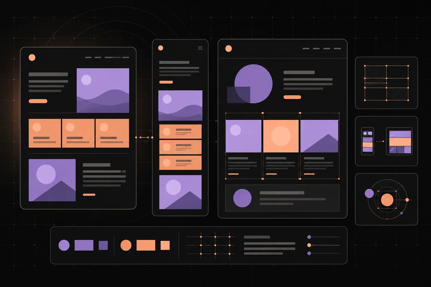 Abstract desktop and narrow-screen website layouts with peach content blocks and lavender geometric imagery in rounded dark panels over a fine grid.