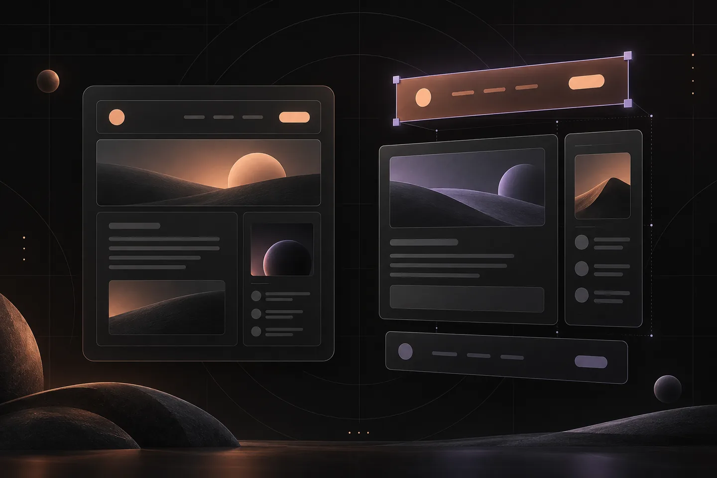 A fixed page template beside separated header, content, sidebar and footer blocks, outlined in peach and lavender on a dark geometric background.