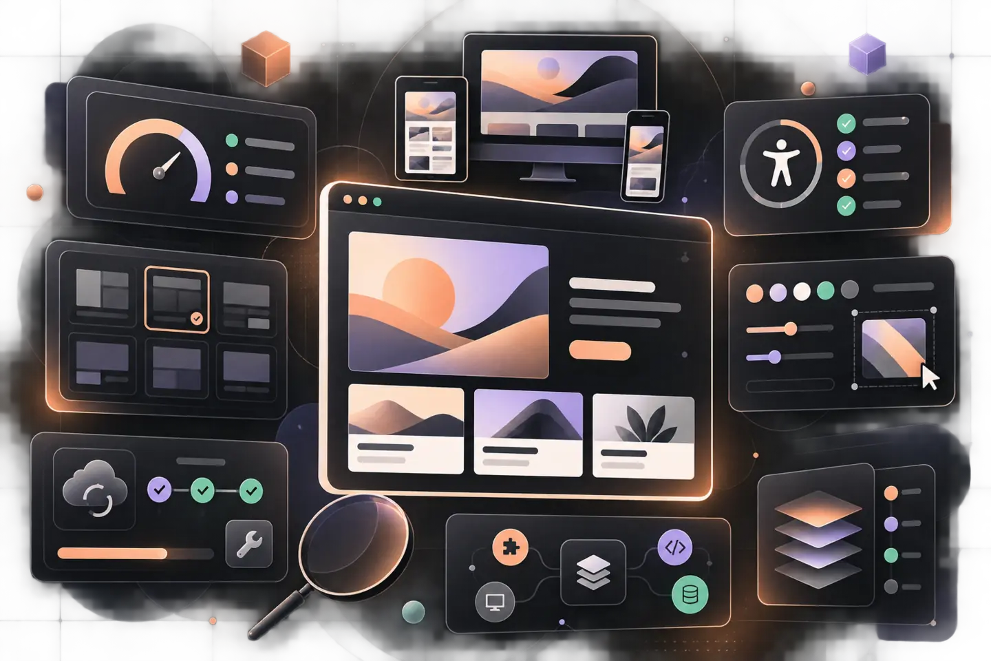 Dark bento-style illustration of responsive webpage layouts surrounded by performance, accessibility, customization, update, and compatibility checks in peach and lavender.