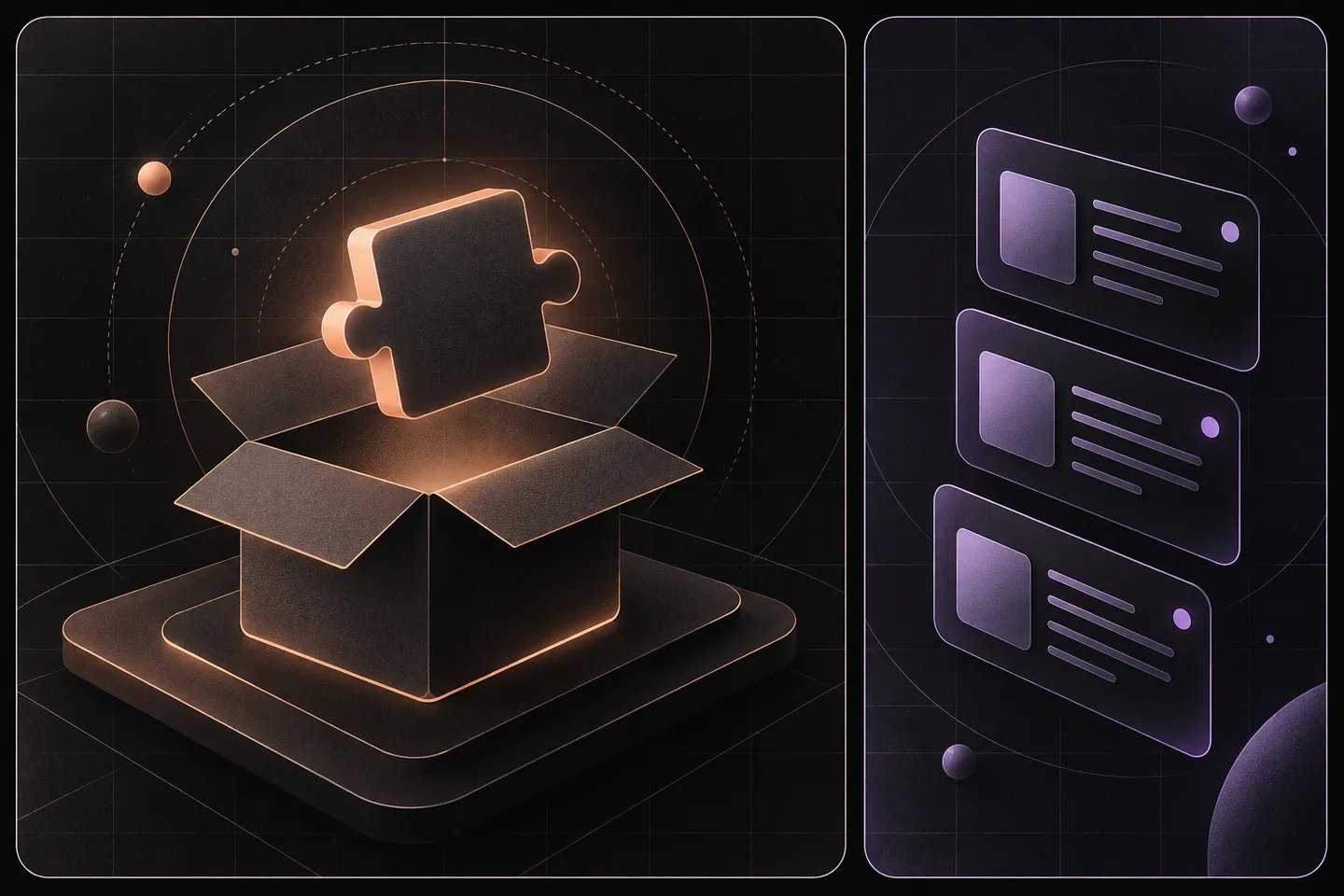 Peach plugin puzzle piece emerging from an open package beside three lavender directory profile cards, separated into dark rounded panels with geometric grids and rings.