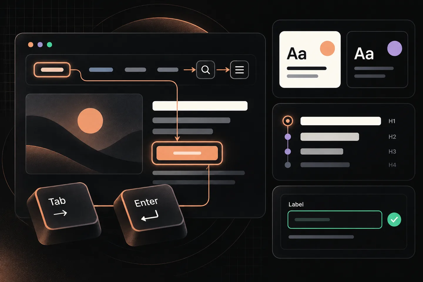 Peach keyboard focus path connects abstract page controls and Tab and Enter keys beside contrast samples, heading levels and a labeled form field on a charcoal grid.