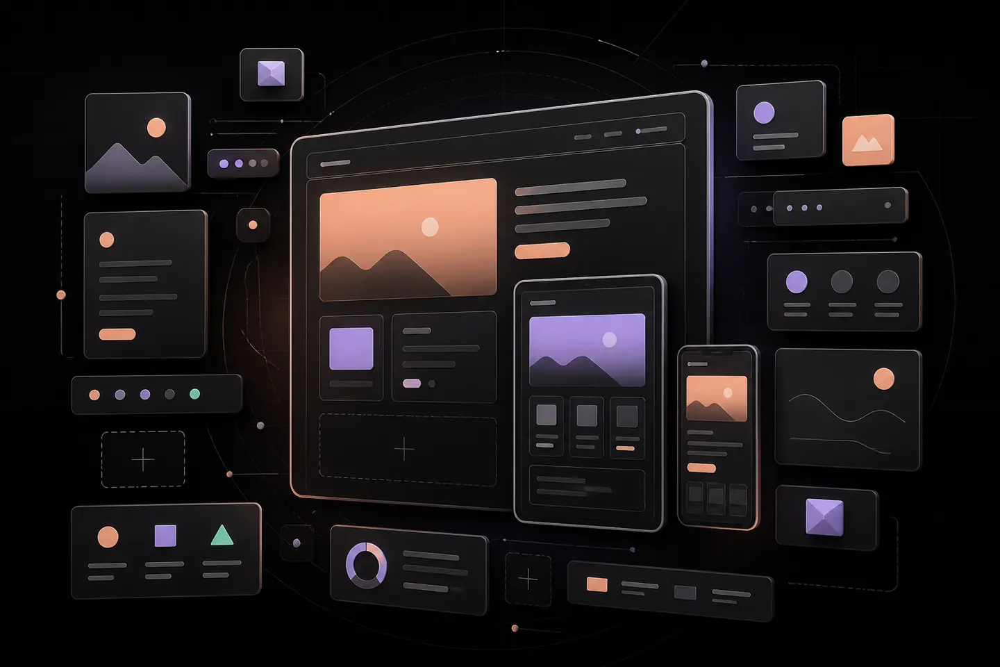Abstract dark bento composition of responsive desktop, tablet, and mobile layout cards with peach and lavender accents.