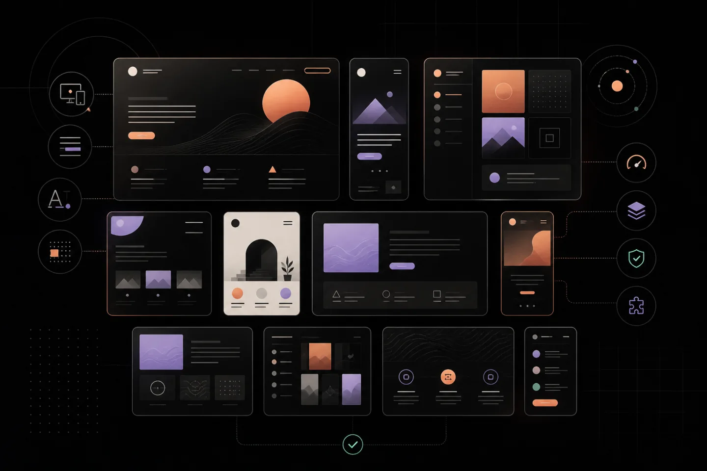 Abstract dark bento grid comparing desktop and mobile website theme layouts with peach, lavender, and mint accents.