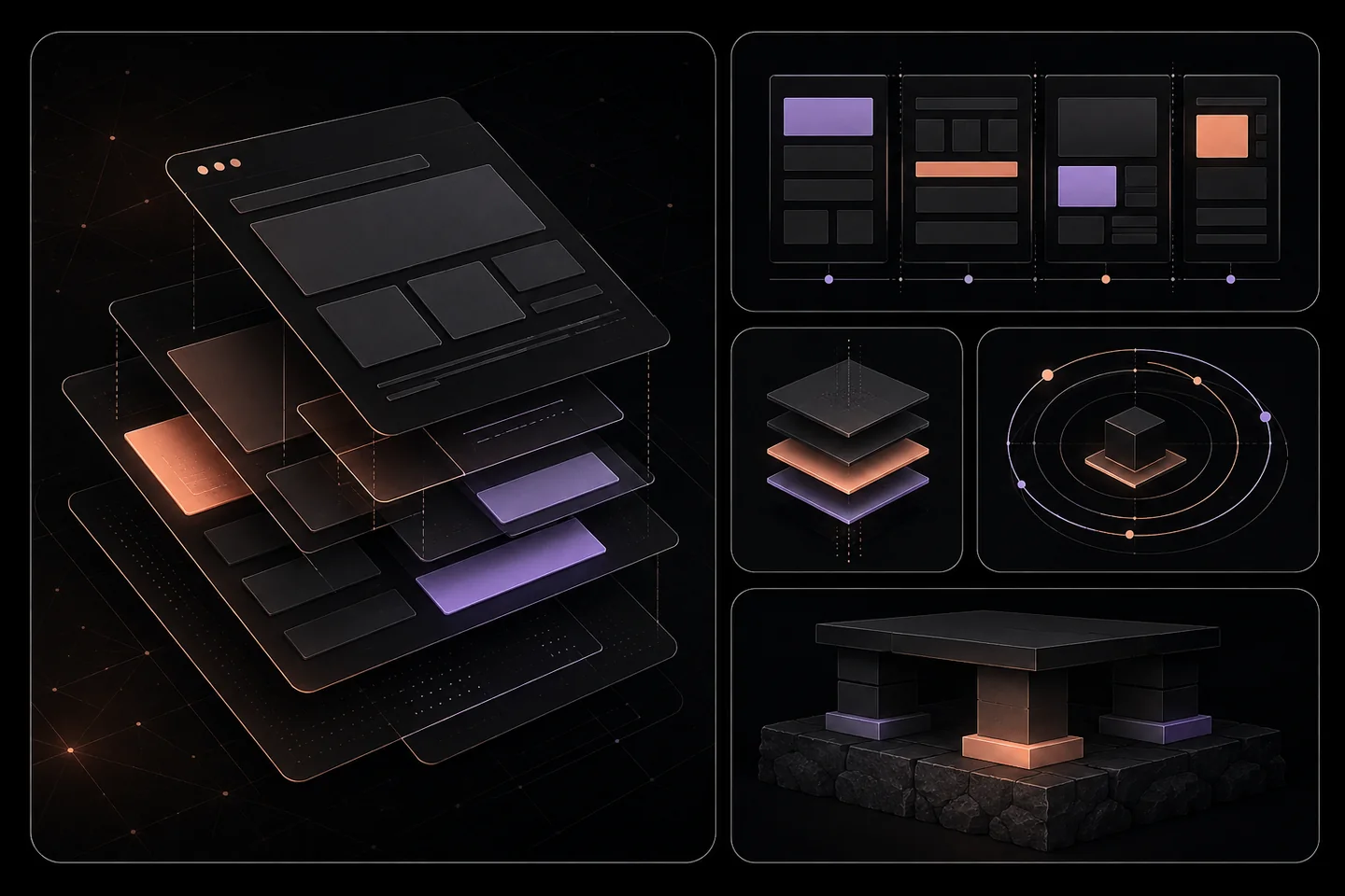 Abstract dark bento panels showing layered website layouts, modular blocks, concentric rings and a sturdy foundation with peach and lavender accents.